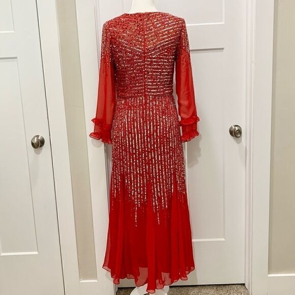 Vintage Red long-sleeve  beaded and sequined chiffon evening dress - Picture 6 of 14